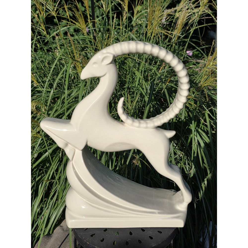 Vintage Haeger Potteries Ibex Gazelle Figurine Art Deco Off White Ceramic